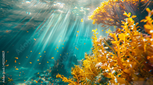 Underwater View of Seaweed and Sunbeams
