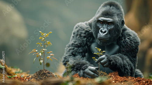 Award Winning national geographic Minimal style, 3D Mountain Gorillas in community reforestation roles, planting trees in deforested areas, one gorilla tenderly placing a sapling i