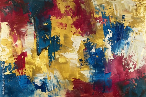 An abstract oil on canvas painting featuring thick, expressive brushstrokes of gold, crimson, and cobalt blue, forming a vibrant and dynamic artwork.