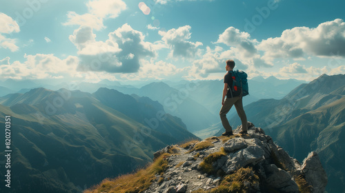 Man Standing on Mountain Top With Backpack