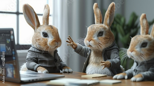 Award Winning National Geographic Minimal style, 3D rabbits in casual office wear, brainstorming around a laptop, one rabbit gesturing animatedly, plain office white background, ri