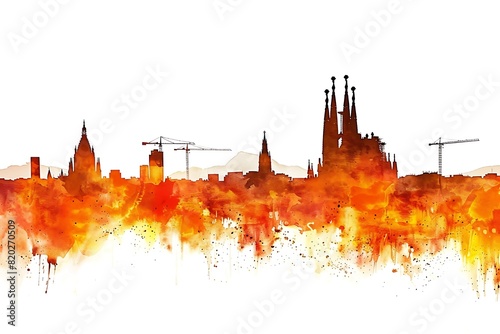 architecture illustration, simple watercolor of Barcelona skyline, line art, Spain romantic vacation banner, tour sightseeing wallpaper, travel time in Europe