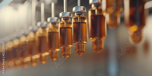 Brown vials hang from a metal hook, waiting to be injected.