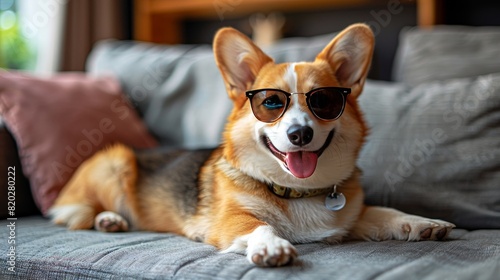 Cute fluffy Welsh Corgi dog with collar and sunglasses looking at the camera against a pink background
