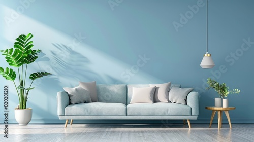 Modern living room interior with sofa and green plants,lamp,table on blue wall background. a living room with light blue sofa and blue walls realistic