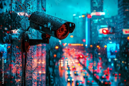 A colorful photo of an AI-powered security camera mounted on a wall, providing constant monitoring and protection. A city environment with moving cars is visible