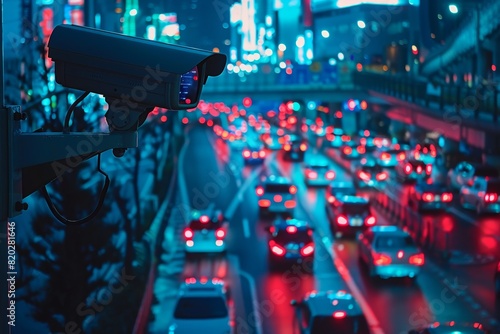 A colorful photo of an AI-powered security camera mounted on a wall, providing constant monitoring and protection. A city environment with moving cars is visible