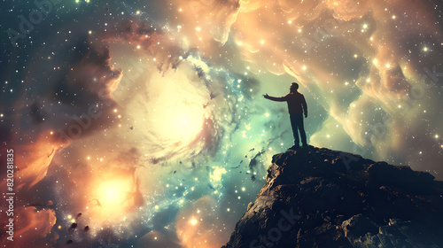 Cosmic explorer: man gazing at a galactic vortex