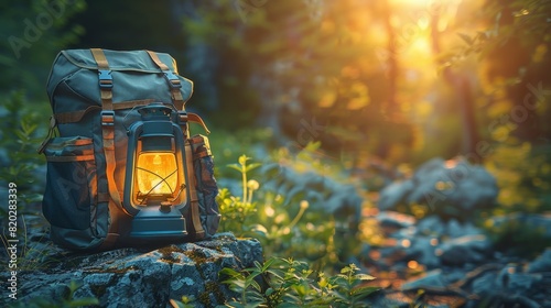 eco-conscious explorer concept with sustainable travel backpack includes solar-powered lantern and organic snacks for a green adventure