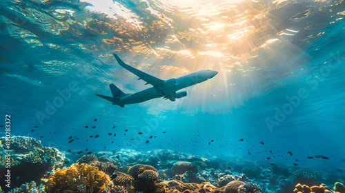 A large airplane is flying over a coral reef