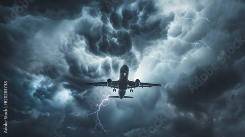A plane is flying through a stormy sky with lightning bolts