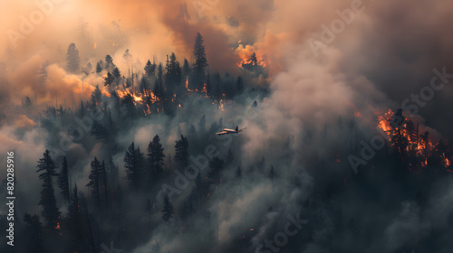 A plane flies over a forest fire, with smoke