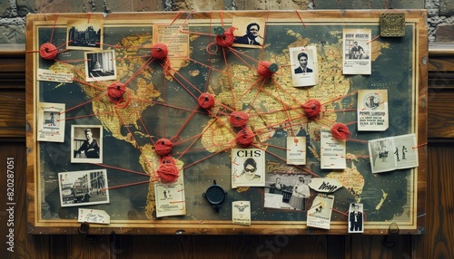 Detective investigation board with photos, map, clues, and red thread for solving a mystery