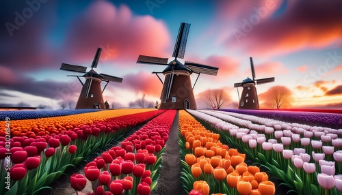 Molinos de viento hechos con lana, precioso paisaje de campo de flores en Holanda hecho con lana, creado con IA 