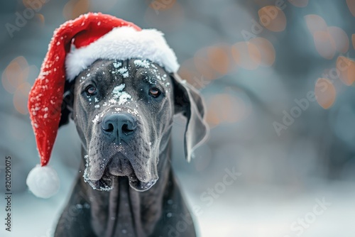 Great Dane breed dog wearing festive red Santa hat posing outdoor in snowy park decorated for holidays . Christmas celebration. Bright warm colours. 