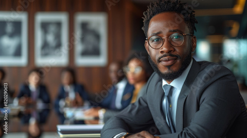 an experienced black entrepreneur guiding a diverse group of young professionals in a modern boardroom with motivational quotes, tech gadgets, focusing on leadership development