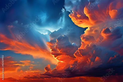 vivid orange and cool blue tones dominate a dramatic cloudscape cumulonimbus clouds rising high 