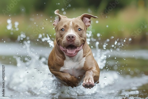pit bull terrier jumps in the water. Pet activity