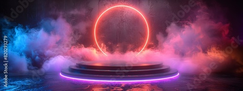 Futuristic neon light podium with glowing ring and colorful smoke in a dark setting