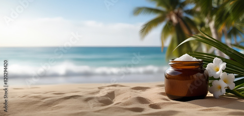 coconut oil on the beach background, spa banner