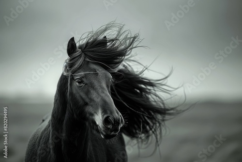 Icelandic horse portrait with mane blowing in the wind, showcasing the breed's natural beauty and spirit.
