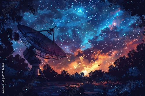 Radio telescope at starry night. Antenna for of space signals research. Space observatory 
