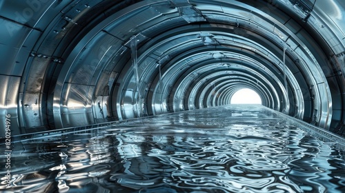Perspective view inside a large, modern aqueduct pipe, water flowing, metallic interior realistic