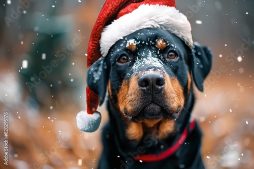 Rottweiler breed dog wearing festive red Santa hat posing outdoor in snowy park decorated for holidays . Christmas celebration. Bright warm colours. 