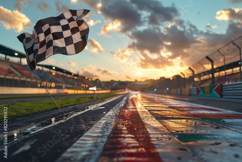 Checkered flag waves against a racing track backdrop, marking the exciting conclusion of a motorsport event.
