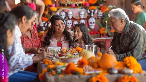 Multi-Generational Family Celebrating Day of the Dead with Traditional Decor