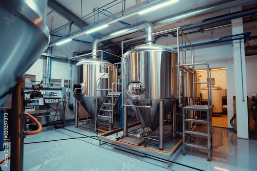 Rows of stainless steel tanks in a modern dairy factory. hygiene and efficiency, advanced machinery and industrial design. dairy production, food technology, and industrial processes.