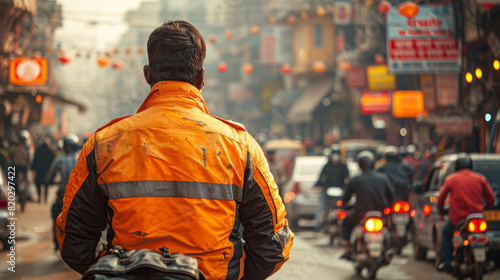 urban traffic control, a traffic police officer in india manages chaotic city street traffic, wearing a bright jacket for visibility on a sunny day among vehicles and pedestrians