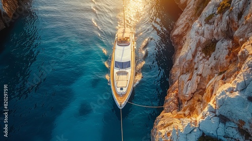 An aerial view of a luxury yacht in a Mediterranean island paradise.