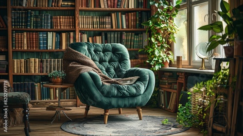 reading nook, a vintage novel plush armchair make a cozy reading nook for book lovers to unwind in comfort, surrounded by the scent of old pages