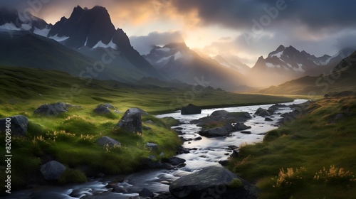 Panoramic view of a mountain river in the highlands of Iceland