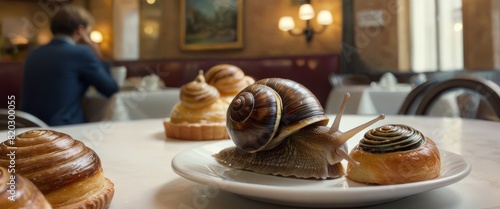 A whimsical scene featuring two snails exploring pastries on a white plate in a traditional Parisian cafe, with a human in the background.