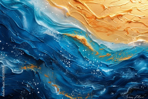 A painting of a wave of blue and gold with a sun in the background