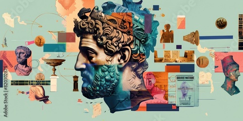 The image shows a colorful collage of ancient Greek and Roman sculptures with a focus on a male head.