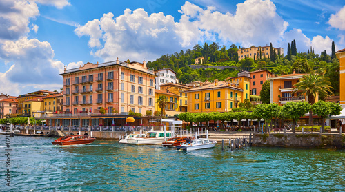 Bellagio, Lombardy, Como lake, Italy. Famous Italian village and popular European travel destination. Summer scenery como lake town landscape with boats
