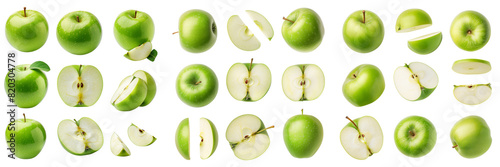 Green apple fruit, different angles and view side top front group sliced halved cut isolated on transparent background