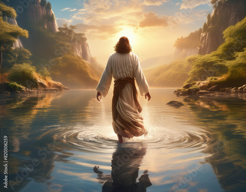 Illustration von Jesus der übers Wasser läuft wie in der Bibel - christliches Bild 