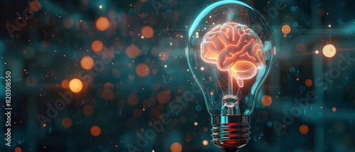 A highly detailed light bulb with a glowing brain inside, emitting a soft, warm light, set against a dark background, symbolizing innovation, creativity, and intellectual power