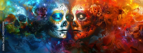 Abstract Dia de los Muertos artwork with vibrant skulls. Colorful, artistic representation of Day of the Dead. Concept of Mexican culture, festive art, colorful abstraction, and celebration