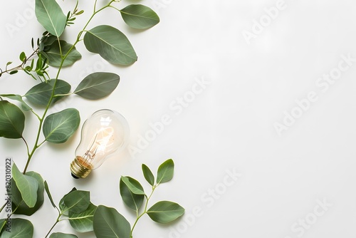 Green Energy Light Bulb with Leaves on White Background