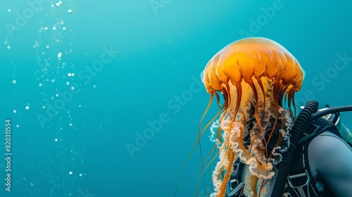 Jellyfish in a divers suit, holding a snorkel against an ocean blue background with copy space