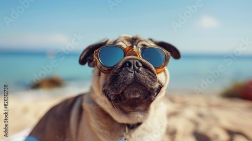 Funny pug with swimming googles on the sea beach. Summer holiday