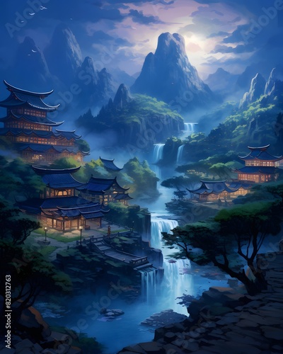 Fantasy landscape with ancient pagodas and temples in the mountains