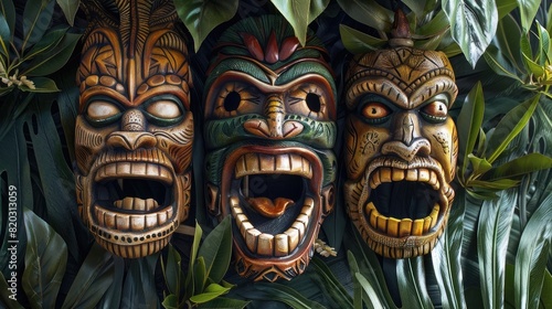 Terrorizing tiki masks adorned with leaves and featuring gaping maws and pointed teeth realistic