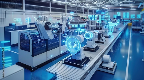 Industry 4.0 smart factory interior showcases IIoT machines, efficient workstations, and automated production lines, optimizing the manufacturing process for improved performance