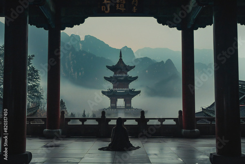 A solitary figure sits in silence before a traditional pagoda surrounded by mist and mountains. Symbolizes tranquility, meditation, and spiritual connection. Perfect for campaigns focused on spiritual
